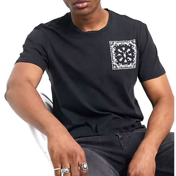 All Saints Badmanna Shirt Mens Size Large Black Paisley Short Sleeves Crew Neck - Picture 1 of 9